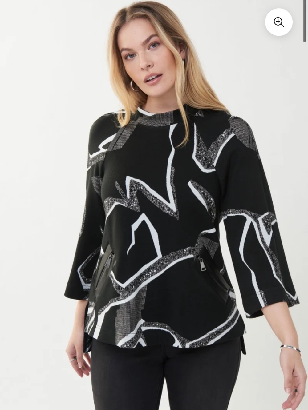 Joseph Ribkoff Black Knit White Gray Abstract Top Sz-12 Art to Wear DarkAcademia